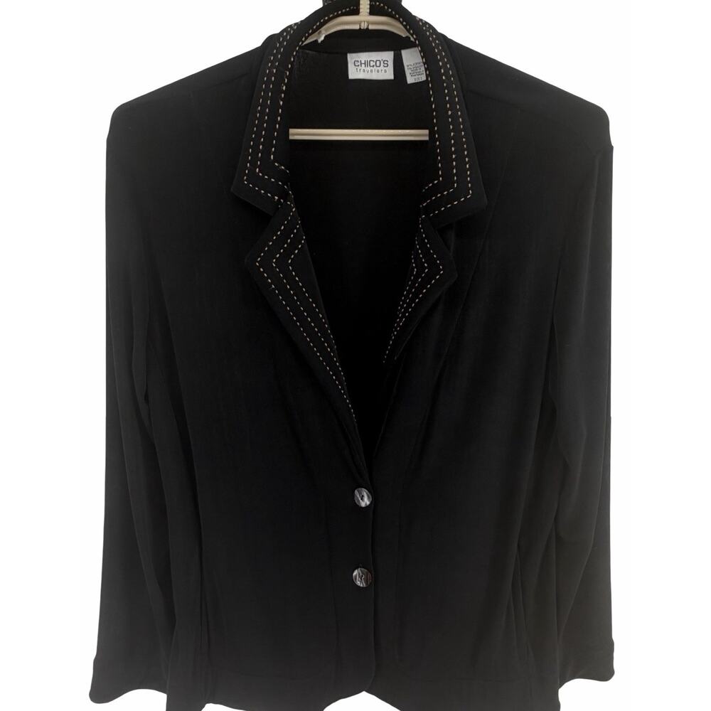 Chico’s Travelers Black Knit Blazer Jacket Size 3 (16) Contrast Stitch Buttons